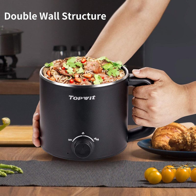 TopWit Hot Pot Electric, Electric Pot, 1.6L Ramen Cooker, Multifunctional Cooker for Pasta, Shabu-Shabu, Oatmeal, Soup and Egg with Over-Heating Protection, Boil Dry Protection, Black - Image 5